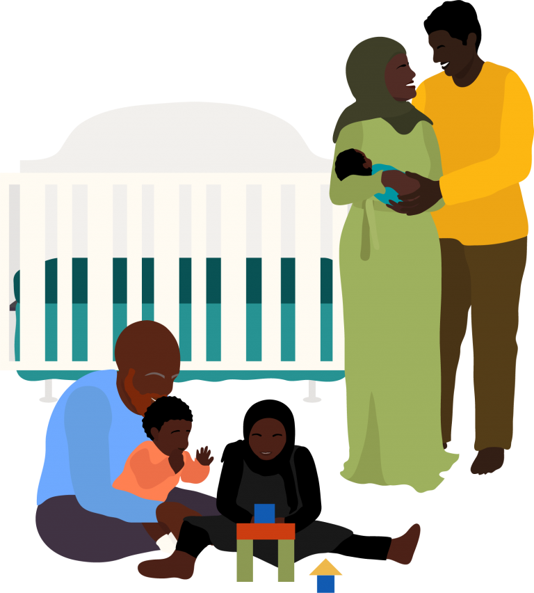 A mother and father holding their baby next to a crib while their older children play with toys
