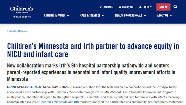 Screenshot of press release announcing Children’s Minnesota and Irth partnership to advance equity in NICU and infant care