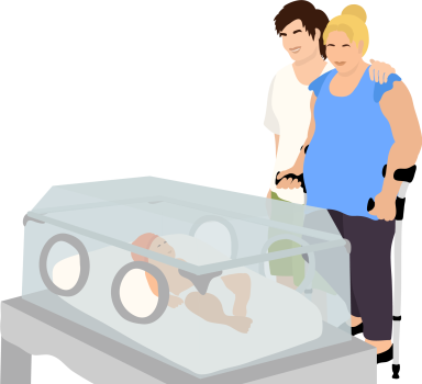 A mother using crutches standing with her partner and looking at their baby in a NICU incubator crib
