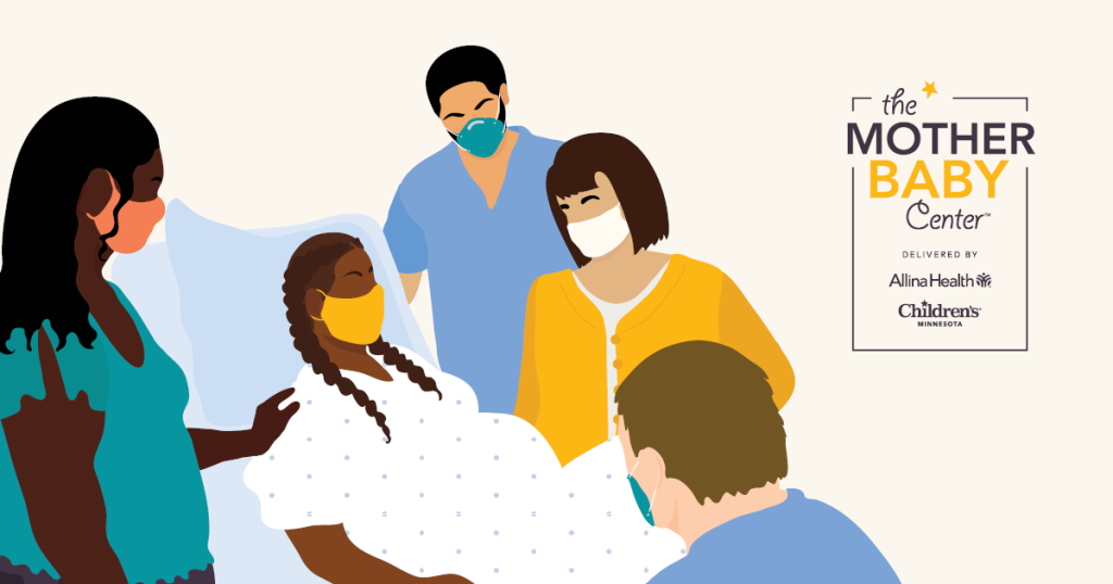 pregnant person with braids, lays in a hospital bed while caregivers surround them.