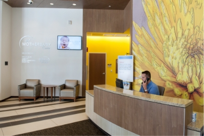 Photograph showing the welcome desk at the Mother Baby Center