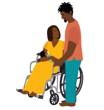 A mother holding her baby while recovering from childbirth in a wheelchair. Her partner stands next to her
