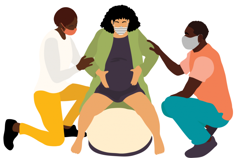 A woman on a birth ball during a birthing class with her partner and doula on either side of her