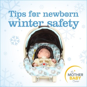 Tips for newborn winter safety. Image shows a newborn in a baby carrier, sleeping.
