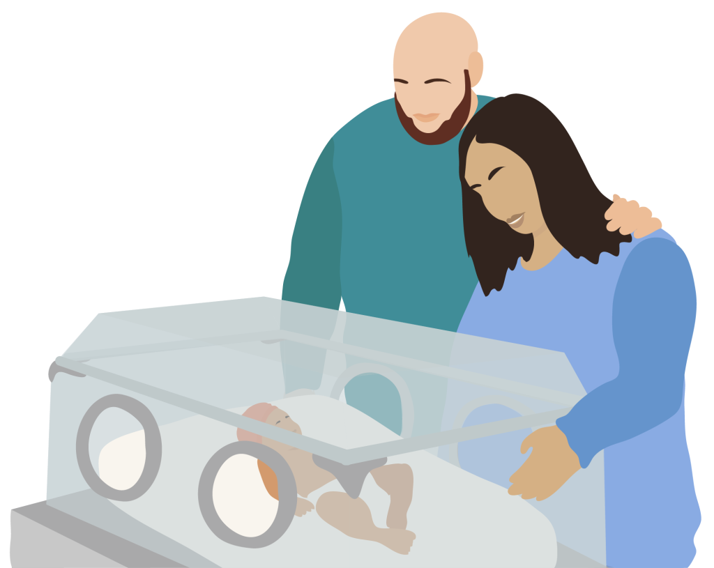 An illustration showing a couple standing over an incubator with a newborn.