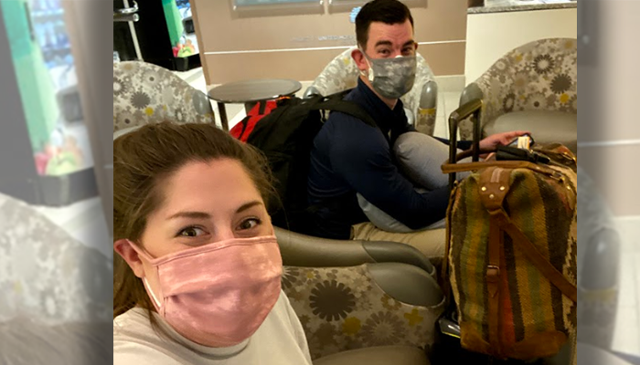 Lauren Hall and her husband masked up and at The Mother Baby Center ready to give birth.