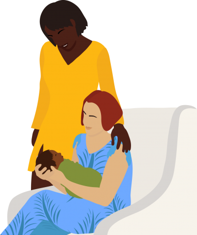 A mother sitting and holding her baby with her partner next to her after receiving breastfeeding support