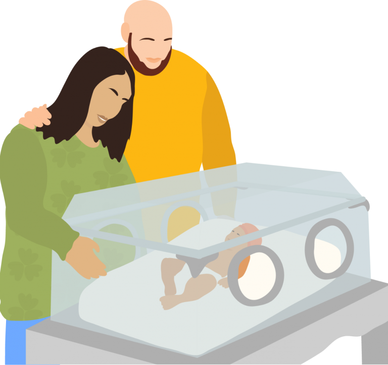 Illustration: A male and female couple look at their newborn baby in an incubator.