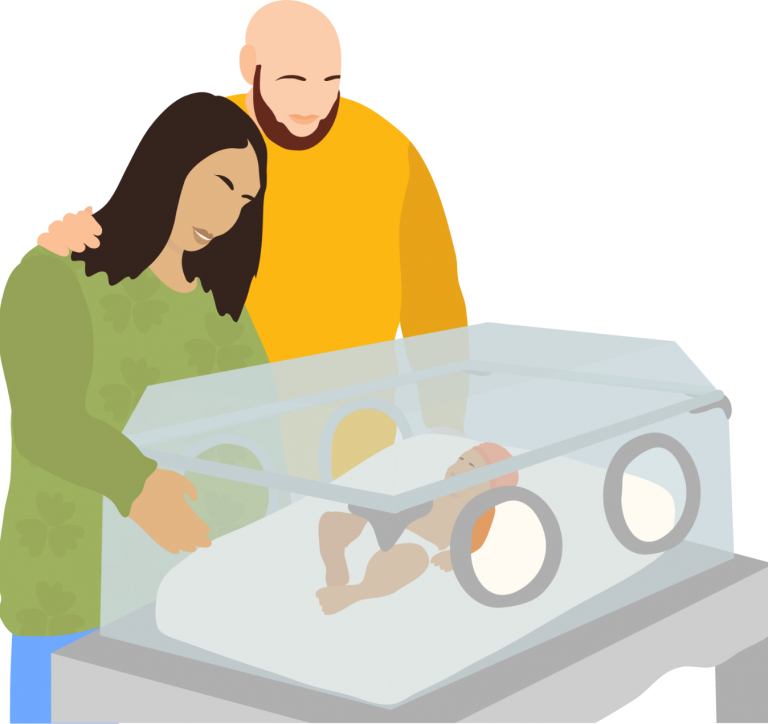 A mother and father looking at their baby in the specialty care incubator crib