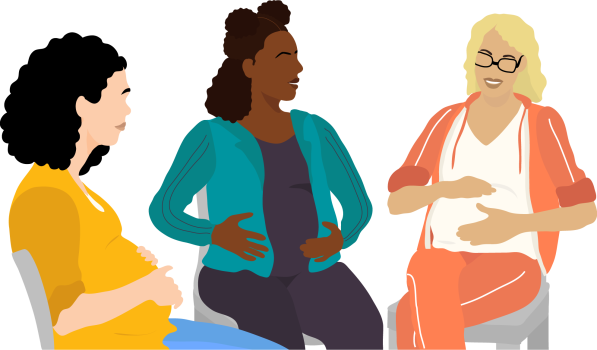 Three women sitting on chairs at a pregnancy support group