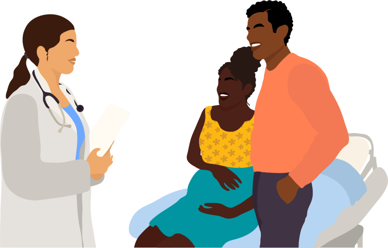 An illustrated image showing a pregnant black woman with her male partner are talking to a white doctor.