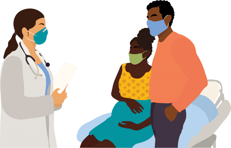A doctor discussing birth options with a pregnant woman and her partner. All three people are wearing masks.