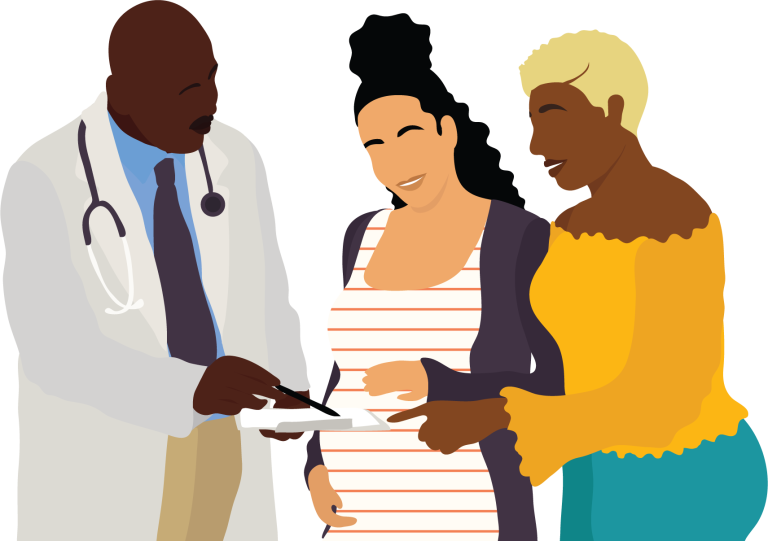 A pregnant woman with her female partner review a form with a healthcare provider.