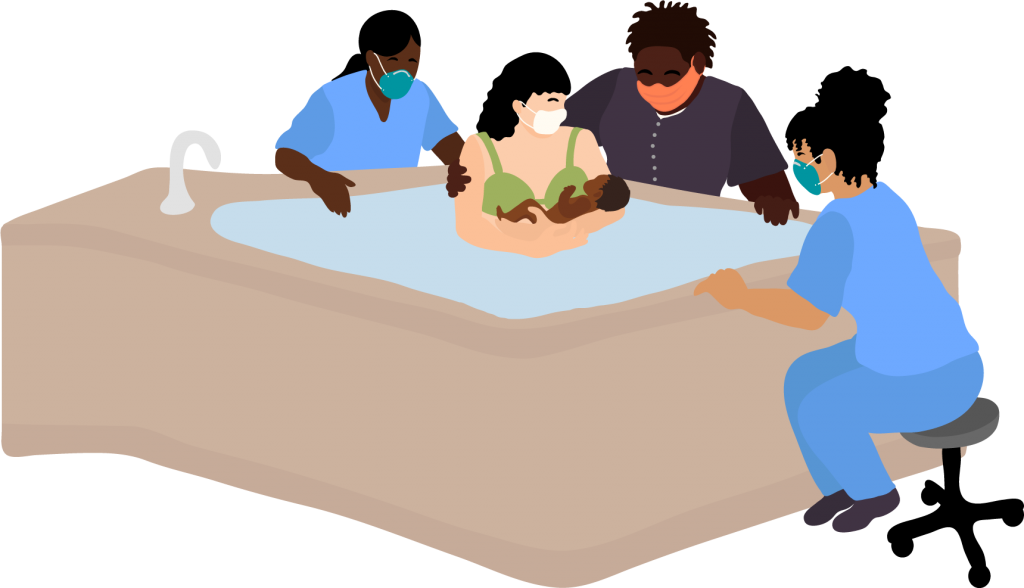 Illustration: A woman with dark hair and light skin holds her newborn baby while sitting in a tub of water, while her Black, female partner comforts her and two female hospital staff are present. All adults are wearing masks.