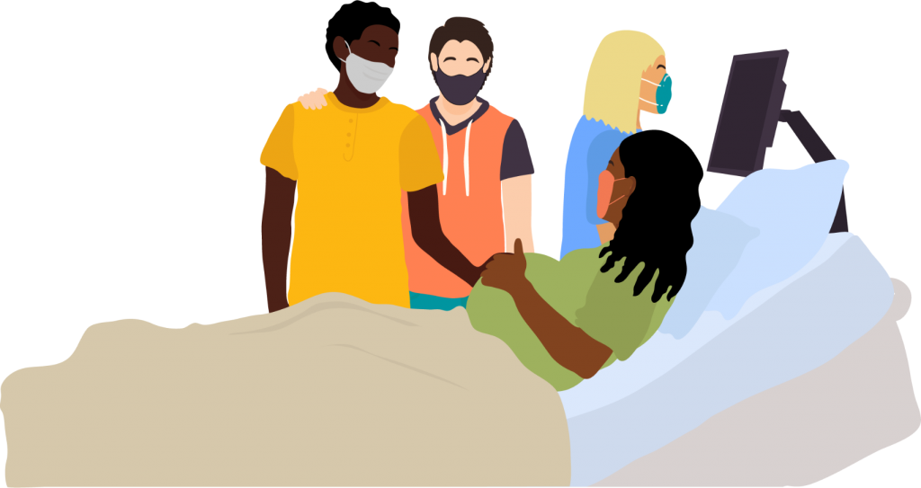 Illustration: 5. A black woman lies in a hospital bed, comforted by a Black man and a white man. All 3 are wearing masks. In the background a blonde, white woman wearing scrubs is working at a computer.