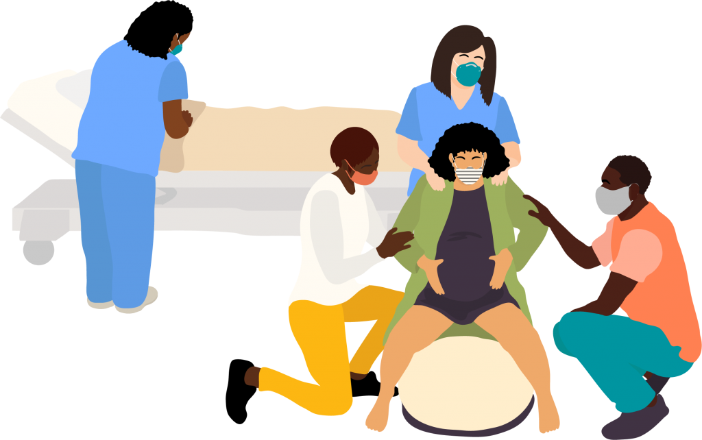 Illustration: A woman with dark hair and light skin sits on an exercise ball while in labor, and is surrounded by her Black, male partner, and a doula, a Black woman, who are offering her support. In the background there are also 2 hospital staff members providing support. Everyone is wearing a mask.