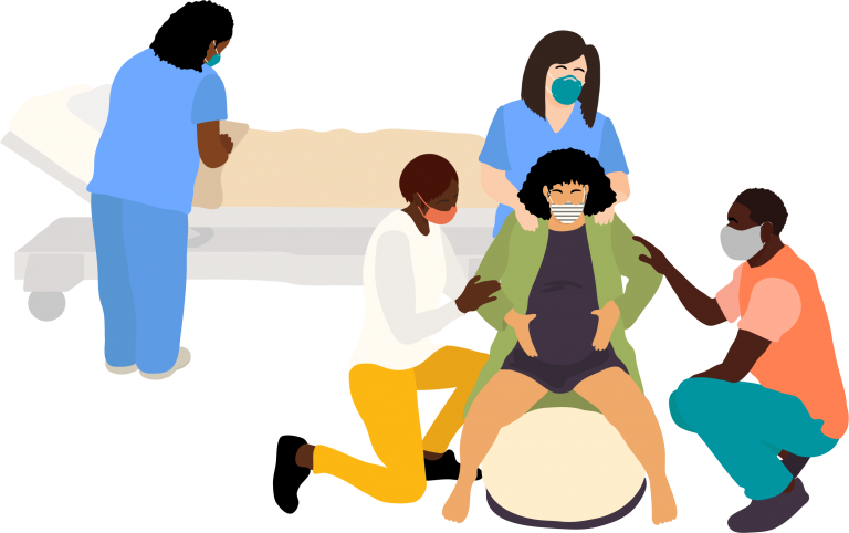 A nurse, partner, and doula offering support to a woman in labor on a birth ball