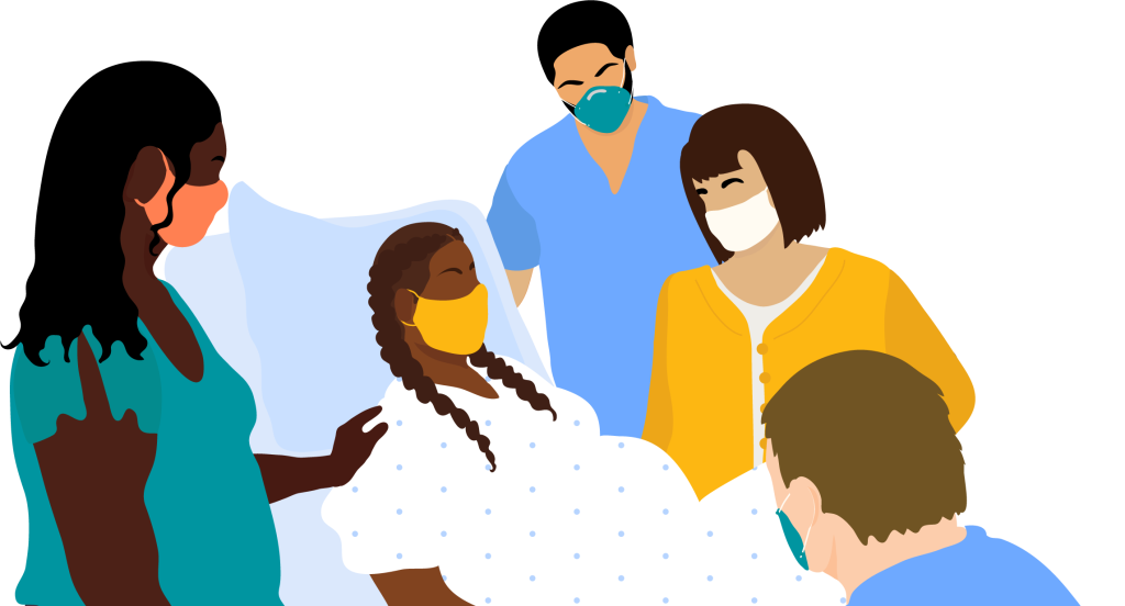 A pregnant woman laying back on a hospital bed during delivery, surrounded by nurses, her partner, and her doula