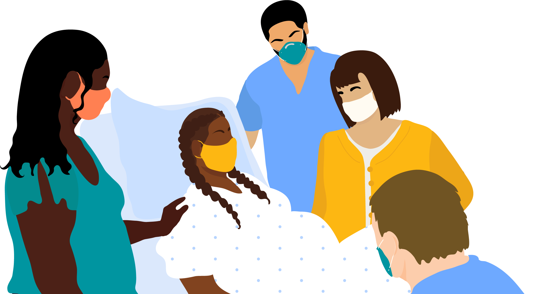 A pregnant person with braids and a mask lays in a hospital bed, surrounded by their female partner and caregivers.