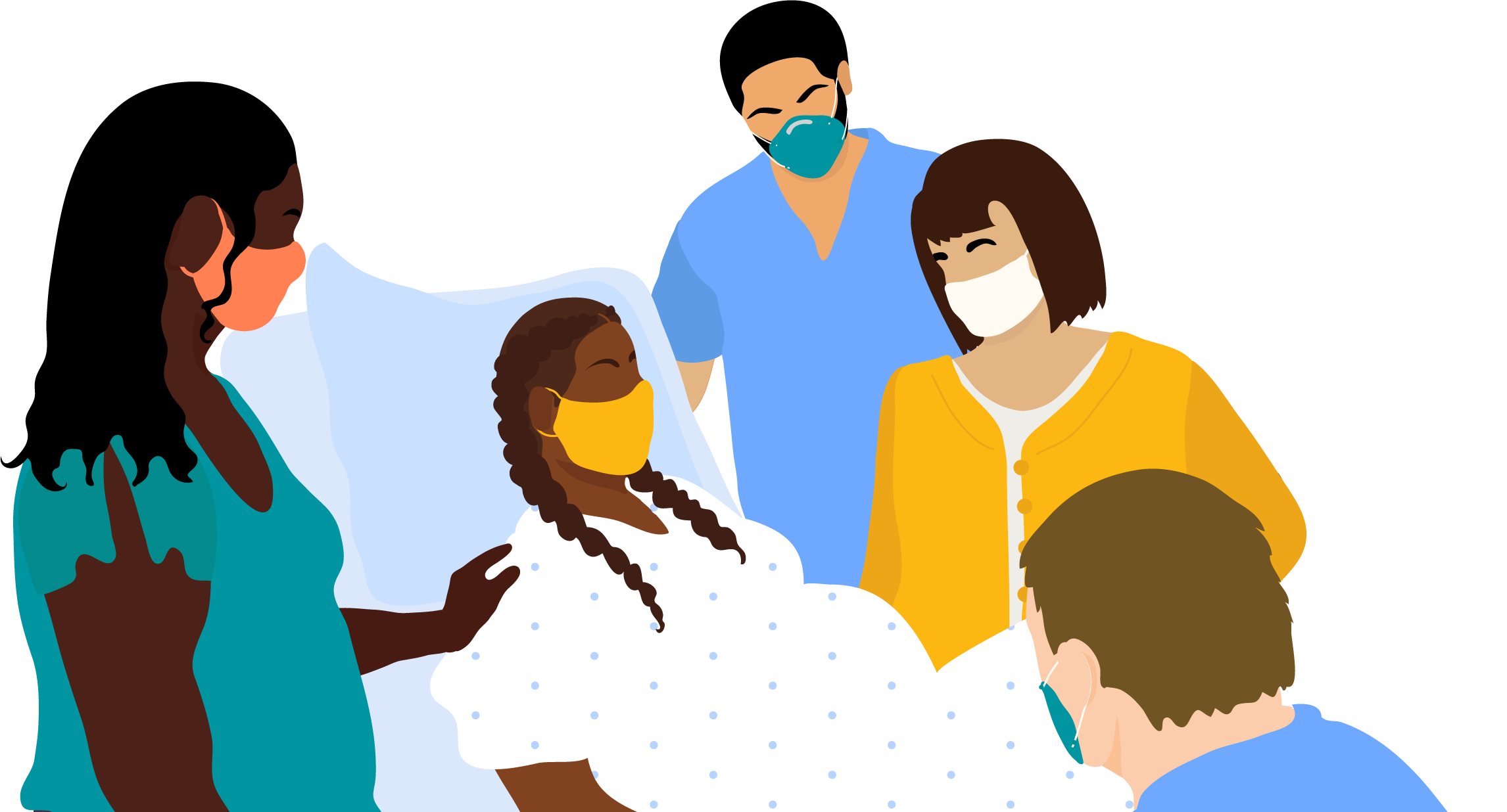 A pregnant woman laying back on a hospital bed during delivery, surrounded by nurses, her partner, and her doula