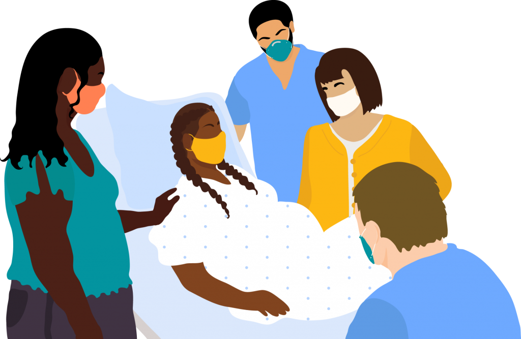 Illustration: A black woman in a hospital gown, is laying in a hospital bed. She is surrounded by her Black female partner, two white hospital staff members, and another white woman. All individuals are wearing masks.