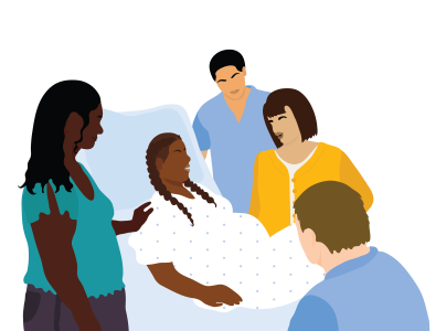 A pregnant woman laying back on a hospital bed during delivery, surrounded by nurses, her partner, and her doula