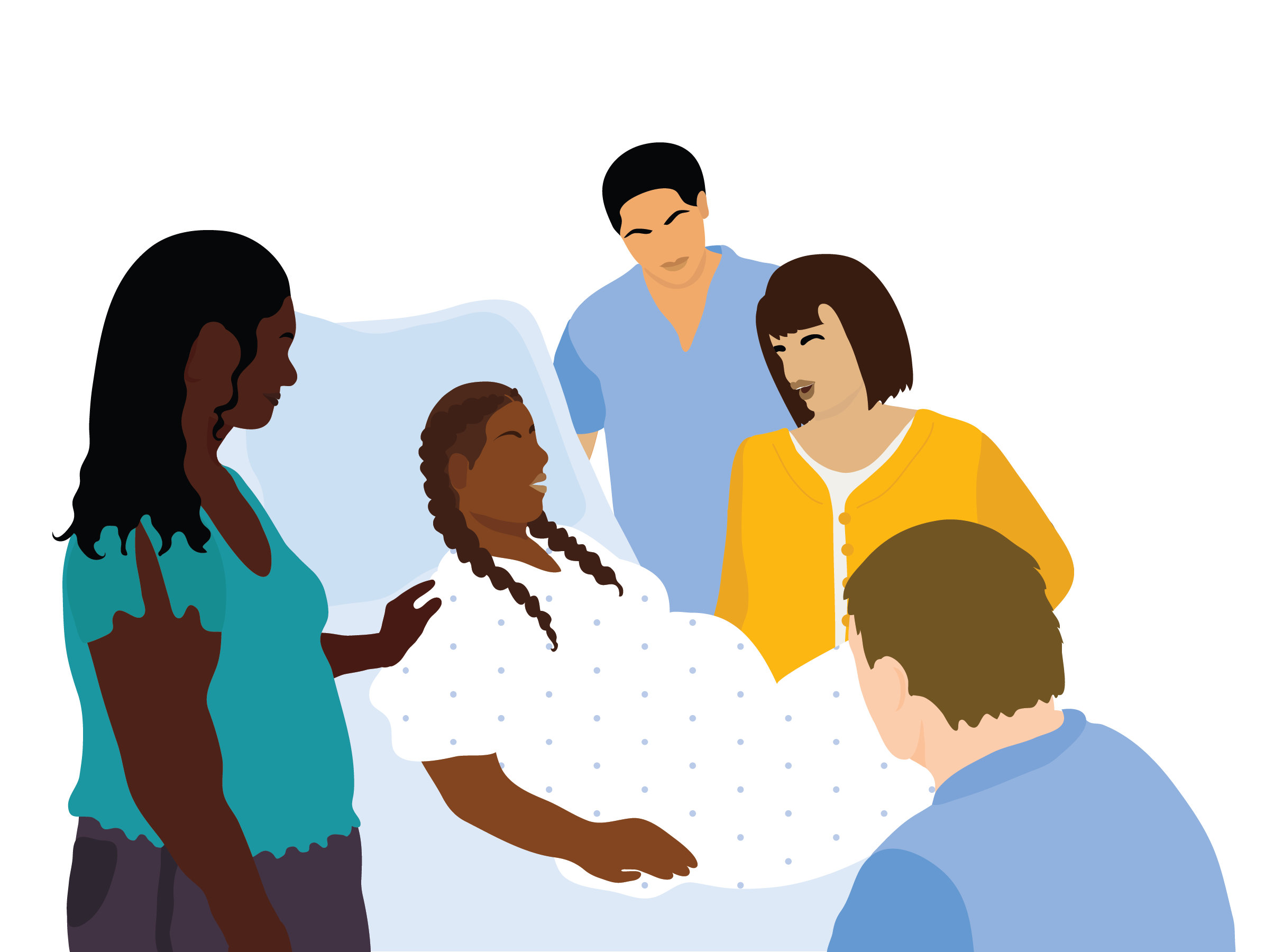 A pregnant woman laying back on a hospital bed during delivery, surrounded by nurses, her partner, and her doula