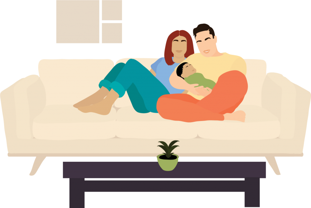 Illustration: A male and female couple holds their newborn baby while sitting together on a couch.